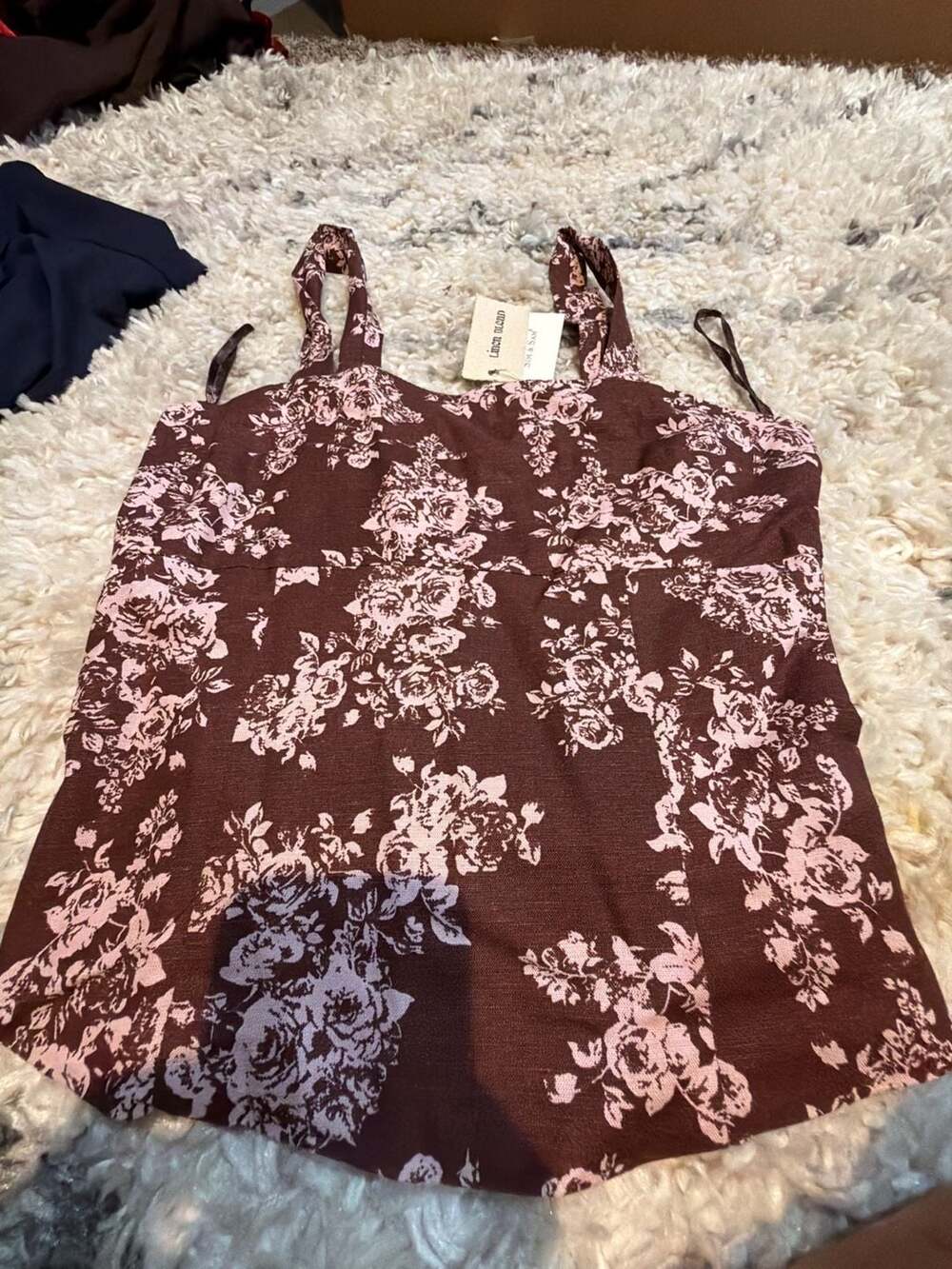 Sim & Sam Women's Brown Floral Linen Blend Strappy Tank Top